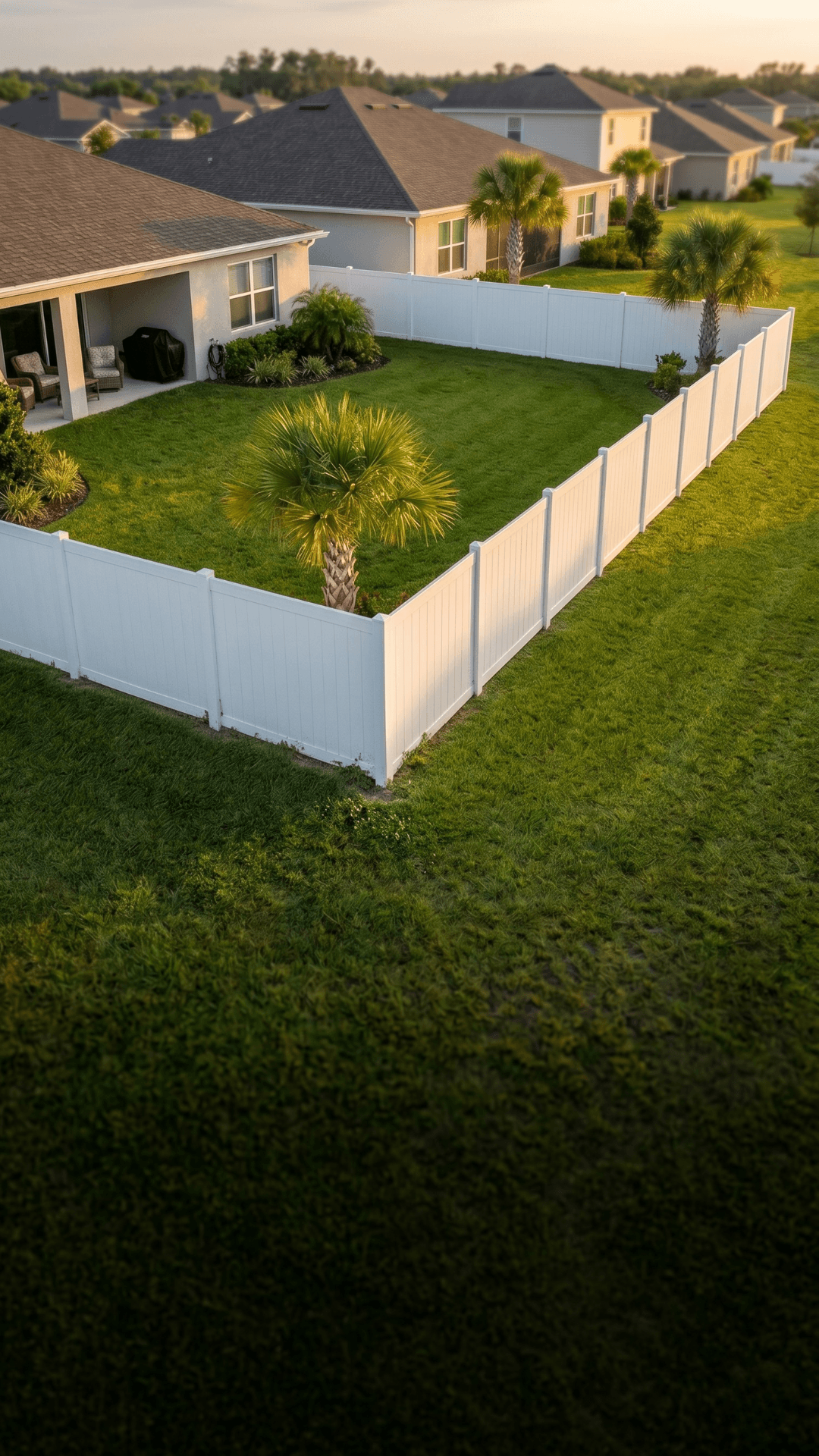 White vinyl privacy fence enclosing a Central Florida backyard